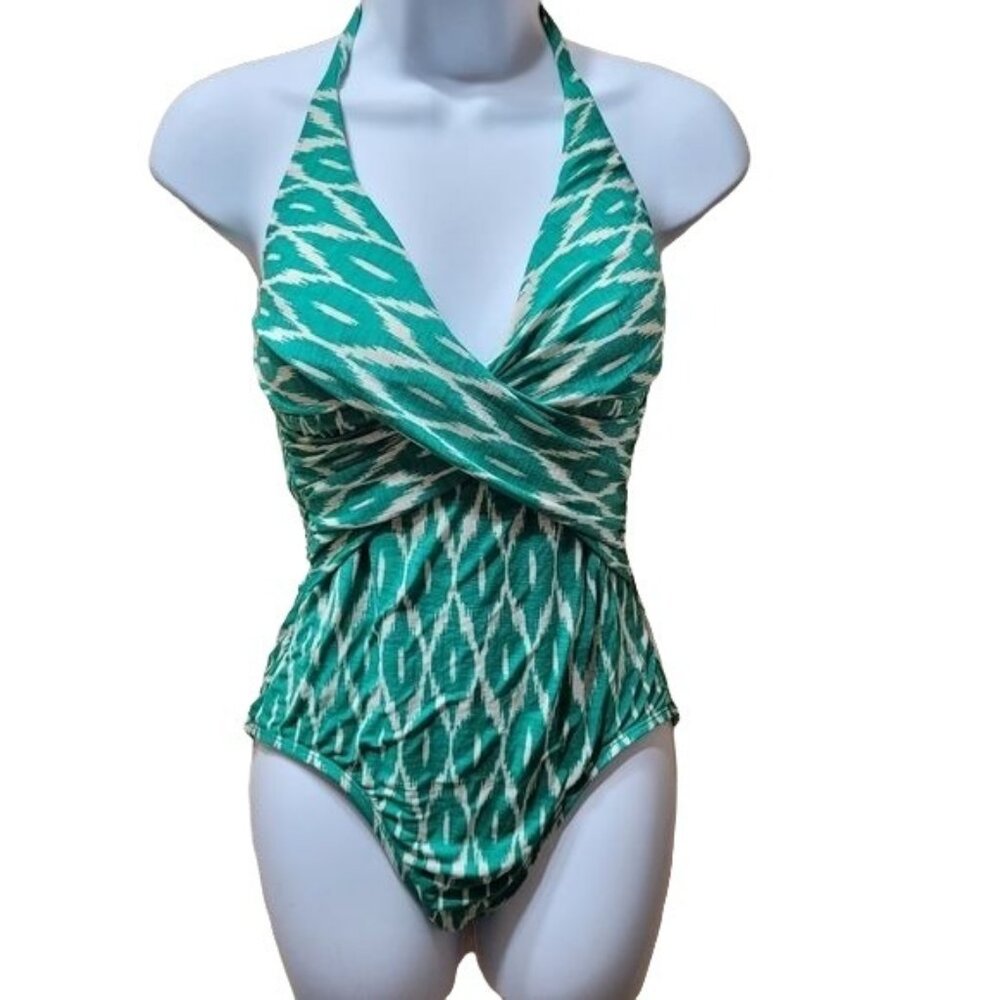Robin Piccone Women's Size 10 Green Ikat Print Twist Halter One-Piece Swimsuit